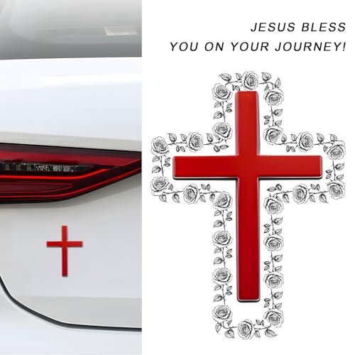 Image of 4PCS Metal Christian Cross Emblem Stickers, 2.5x1.8in 3D Jesus Christ Auto Emblem Badge Decal, Self-Adhesive Styling Cross Decal Decoration for Trunk Tailgate Side Fender (Red)
