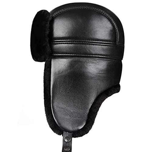 WDSOPK Sombrero de piloto de Aviador de Cuero para Invierno, Sombrero de Soldado de Aviador para Hombres y Mujeres, Negro, 60-61 cm (Negro 1,54)