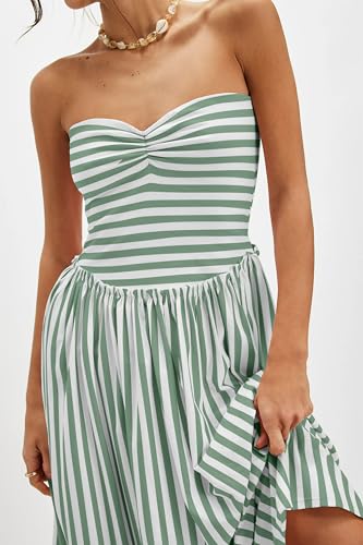 Image of Striped Tube Top Beach Dresses for Women Strapless Pleated Flowy Maxi Dress Summer Party Midi Dresses