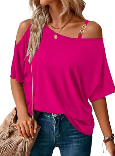 LEIYEE Summer Hot Pink Off The Shoulder Tops for Women Sexy Casual Short Sleeve 2025 Trendy Loose Fit T Shirts Blouse S