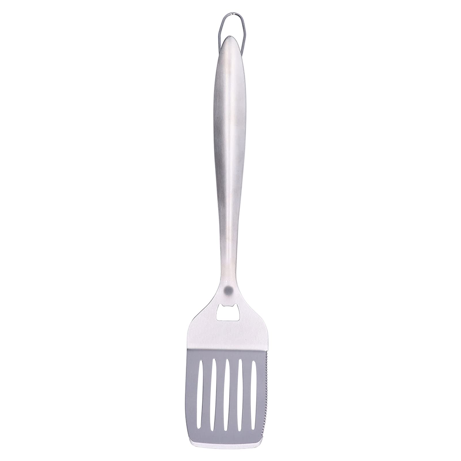 Espátula de metal con ranura ranurada de acero inoxidable, utensilio de cocina resistente con mango de agarre largo y mango de fácil agarre para freír, cocinar, escurrir