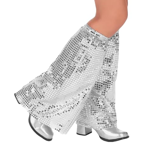 BIBITI 1Paar Abba Kostüm Damen Stulpen Silber Glitzer,Discokugel Kostüm Disco Pailletten Stiefel,Karneval Metallic Silberne Hippie Boots 70s Jahre...