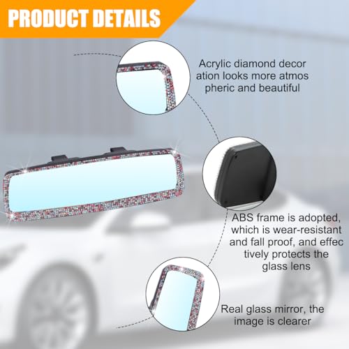 Image of Osilly Bling Car Rearview Mirror, Decorations Rear View Mirror with Crystal Rhinestones & Diamonds, Car Interior Trim Accessories, Clip-on & HD Glass, Sparkly Gift (AB Color+Pink)