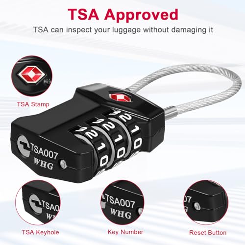Image of ZHEGE TSA Approved Cable Luggage Lock, Travel Lock, Keyless Padlock (Black) | 3 Digit Combination for Suitcase, Backpack, Bag, Toolbox, Gym Locker - Easy to Read & Use for All Ages