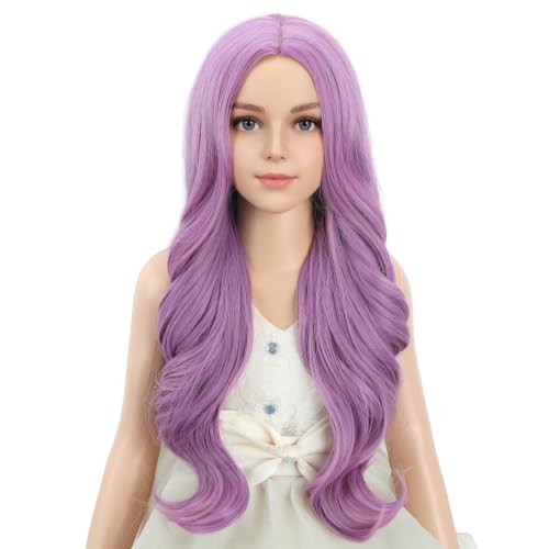 Image of PATTNIUM Girls Purple Long Curly Middle Part Wig Halloween Costume Wig