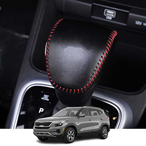 Kakash Custom Interior Accessories for Kia Seltos 2021 2022 2023 Leather Automatic Gear Shift Knob Cover,Transimission Boots Shift Lever Leather Sheath(Red Stitches)