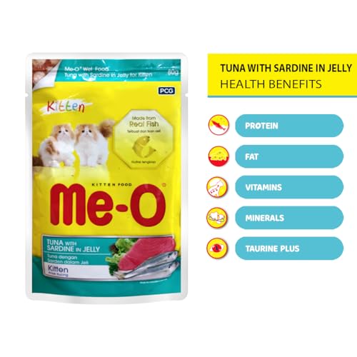 Image of ME-O Pouch Kitten Food - Tuna and Sardine in Jelly 80G /48 (Pack of 12, 960g)