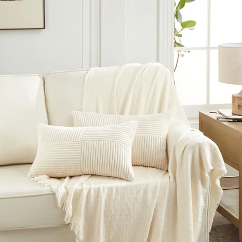 Image of Fancy Homi 2 Packs Cream Lumbar Decorative Throw Pillow Covers 16x32 Inch for Living Room Couch Bed Sofa, Rustic Farmhouse Boho Home Decor, Soft Striped Corduroy Rectangle Accent Cushion Case 40x80 cm