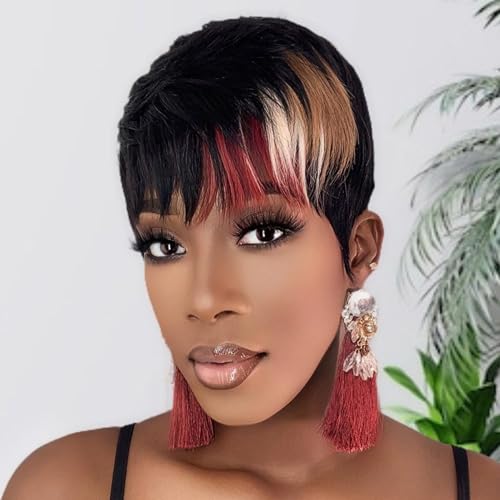 SAEIALL Pixie Cut Wig for Black Women Human Hair Multi-color Pixie Wig with Bangs Brazilian Virgin Human Hair Short Wigs for Black Women Layered Wigs For Women Full Machine Made(1B/30/613)
