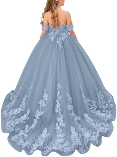 Tulle Girls Pageant Dress 3D Flower Appliques Flower Girl Dresses for Wedding Pageant Ball Gowns