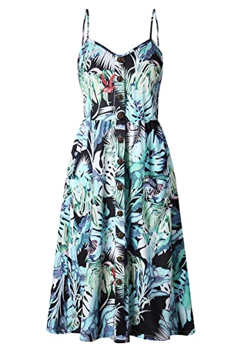 Image of YMING Womens Summer Spaghetti Strap Dresses Button Down Floral Sundress High Waist Swing Midi Dress with Pockets