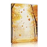 落ち葉の森のキャンバスプリント秋の霧の小道風光明媚なキャンバスウォールアートリビングランドリールームの壁の装飾写真黄色40x56cmインナーフレーム