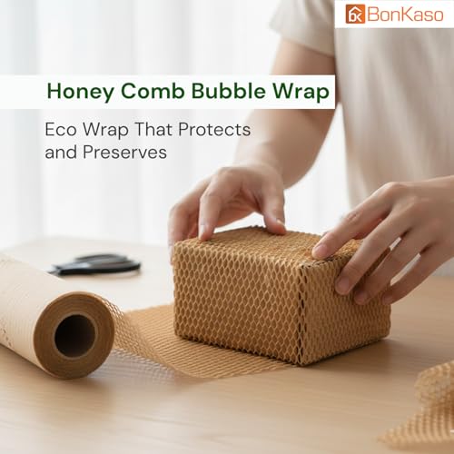 Image of BonKaso Honeycomb Paper Wrap Roll 50M x 15 Inch | 80 GSM Eco-Friendly Brown Packaging Roll | Cushioning & Shockproof Wrap for Fragile Items | Sustainable Packing Material for Shipping