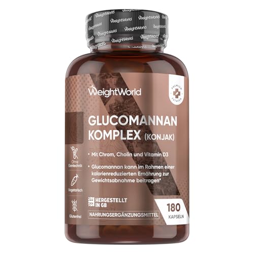 Glucomannan Kapseln - Aus der Konjak Wurzel - 1 Monate Vorrat - Mit Cholin & Chrom - Glucomannan trägt im Rahmen einer kalorienreduzierten Ernährung zur Gewichtsabnahme bei (EFSA) - WeightWorld