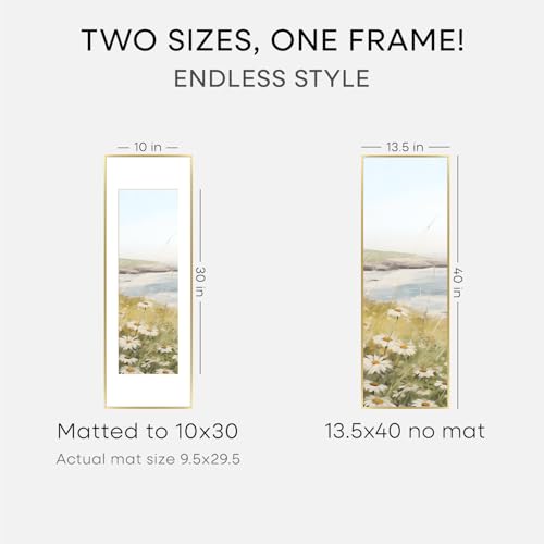 Image of Homeforia 13.5x40 Panoramic Frame Gold, High End Metal 13.5x40 Picture Frames with Mat 10x30 Photo, 13.5 x 40 Poster Frames Matted to 10 by 30 Print, 40x13.5 Frames, Tempered Glass, Wall Kit, Set of 1