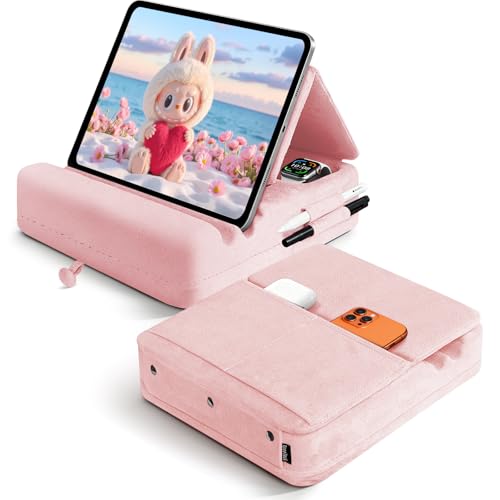 Image of Tablet Pillow Stand with Storage, Foldable iPad Holder for Lep, Bed, Sofa, and Desk - Soft Pad Dock with Pocket and Stylus Mount Compatible with 4-13 inch iPad Pro /Air /Mini, Galaxy Tab, Kindle