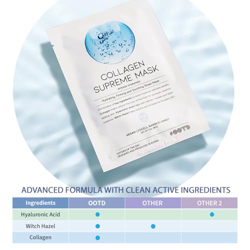 #OOTD Collagen Hydrating Sheet Masks for Face Korean Anti Aging Mask Sheet for Dry Skin & Sensitive Skin, EVE Vegan, Not Tested on Animals, No Parabens, No Sulfates, Hyaluronic Acid, Witch Hazel 10EA - Image 4