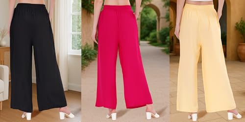 Image of Buy That Trendz Palazzo Pants for Women Rayon Elasticated Regular Fit Flared Wide Leg M to 6XL Pack of 3