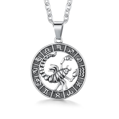 GHIUYUI Zodiac Sign Pendant Necklaces for Women Men Stainless Steels Leo Constellation Horoscope Medallion Retro Celestial Astrology Jewelry (Scorpio 10.23~11.21 Silver)