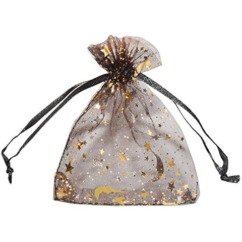 SUNGULF 100Pcs Sheer Organza Drawstring Pouches Stars And Moon Wedding Party Favor Jewelry Candy Gift Bags (Black, 3x4 inch) Cover