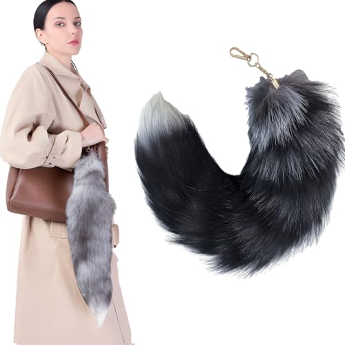 tintoke Fuchsschwanz,fox tail,Fuchsschwanz Anhänger etwa 40cm Fell Schwanz Keychain fox tail keychain Auto Schlüsselketten Anhänger Weich Flaumig Dicht Dekoration (schwarz)