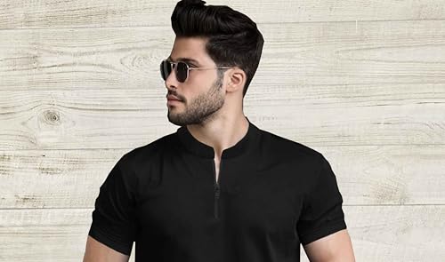 Image of Men's Black Half Sleeve T-Shirt with Zip Collar, Slim Fit Casual Wear