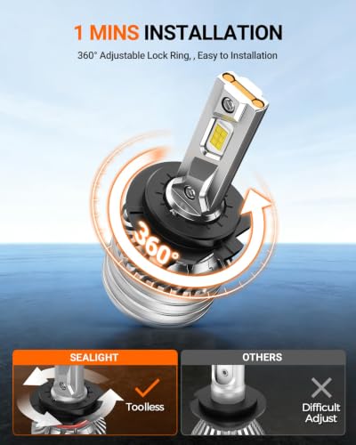 Image of SEALIGHT H7 Bulbs, 90,000LM 1400% Brightness, H7 6500K Cool White LED Bulbs, IP68 Waterproof 70000Hrs Lifespan, 5X Heat Dissipation driving LED Bulbs, Plug and Play, 2 Pack