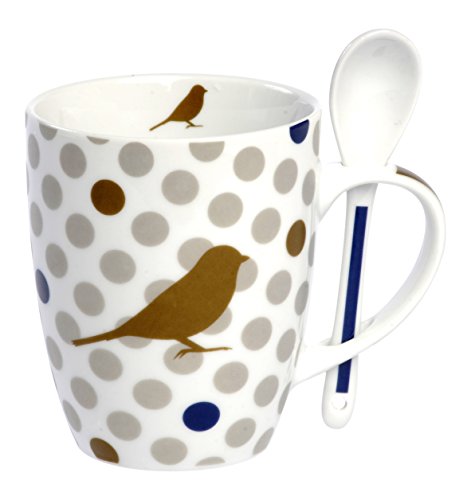Foxtrot 9162oibl Taza con Cuchara cerámica 11 x 8,5 x 12 cm, cerámica, pájaro, 11 x 8.5 x 12 cm