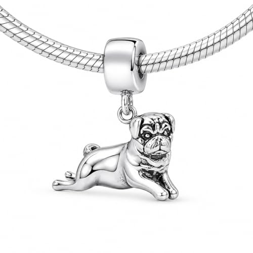 Image of PUG Puggle Mastiff Pug Dog Charm, 925 Sterling Silver Pug Dangle Bead Compatible with Pandora Bracelets, Dog Lover Gift Jewelry