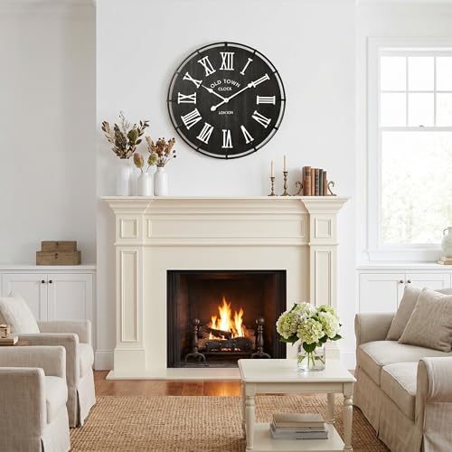 Image of EMAX HOME 24 Inch Vintage London Style Wall Clock, Black Wood Grain Background with White Roman Numerals, Rustic Metal Frame, Silent Non-Ticking Clock for Fireplace Mantel, Entryway, or Dining Area.