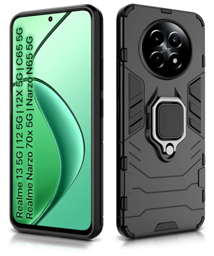 Image of WOW IMAGINE Shock Proof Back Case Mobile Cover for Realme 13 5G | Realme 12 5G | 12X 5G | Narzo 70x 5G | C65 5G | N65 | Back Cover (Tough Armor | Hybrid PC + TPU | Ring Holder Kickstand | Black)