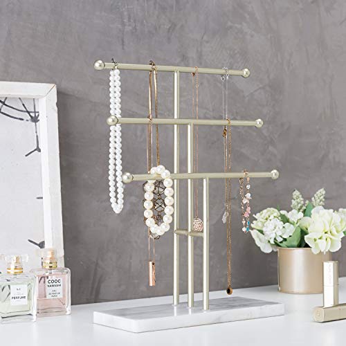 Mygift 3-Tier Tabletop Jewelry Organizer - Brass-Tone Metal T-Bar Necklace Display Stand With Marble Base #TOP1