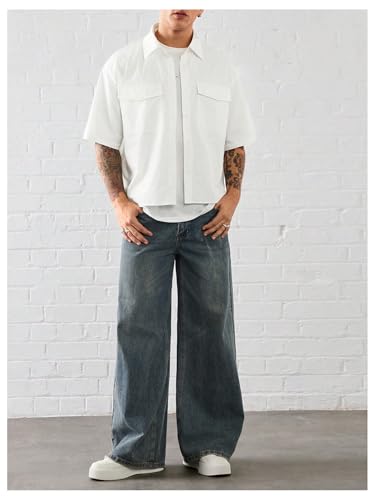 SHENHE Men's Short Sleeve Button Up Shirt Loose Fit Summer Casual Unisex Shirt with Pockets2