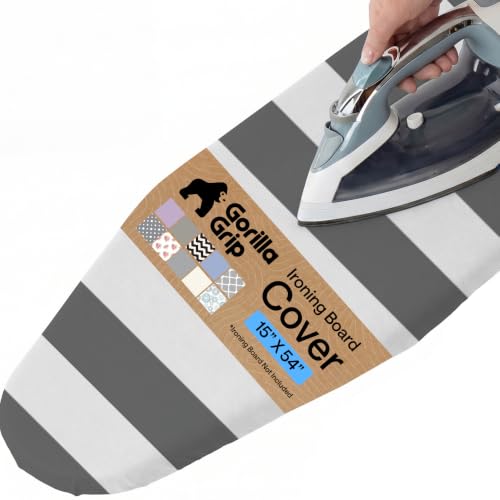 Image of Gorilla Grip Reflective Silicone Ironing Board Cover, Resist Scorching and Staining, 15x54, Hook and Loop Fastener Straps, Pads Fit Standard Boards, Elastic Edge, Thick Padding, Stripe White Gray