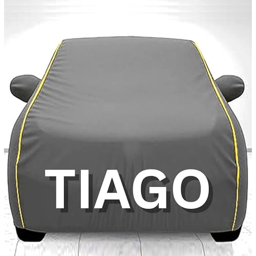 Image of BEXITA 100% Waterproof Car Cover for Tiago UV Protection, Dustproof, Windproof | Custom Fit with Mirror Pockets, Belt & Buckle | All Weather Outdoor Body Cover (Grey, Tiago)