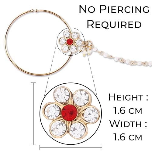 Image of Suhana Gold Plated Traditional Ethnic Bridal Nose Ring /Nath without piercing with Pearl Chain Encased with Stone for Women /Girls (Nose Ring Diameter - 5) (Red)