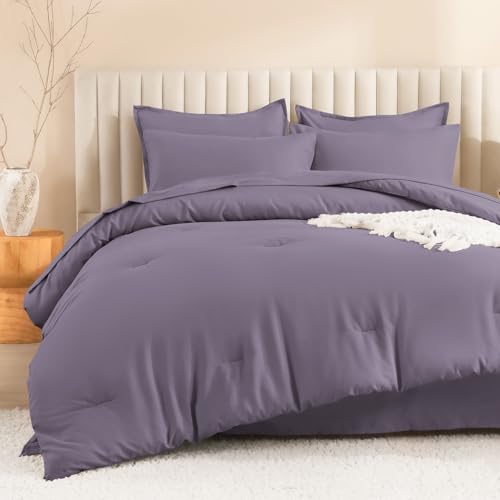 Image of Litanika Full Size Comforter Sets Grey Purple - 7 Pieces Bed in a Bag Full Bedding Comforter Sets, Solid Lightweight Bed Set with Comforter, Sheets, Pillowcases & Shams
