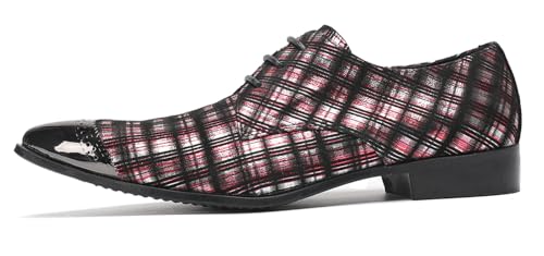 Men’s Plaid Patent-Leather Dress Casual Shoes – Metal Pointed Toe Lace-Up Oxford, Fashion Red & Black Formal Shoes for Weddings, Prom, Parties, Business & Evening Wear2