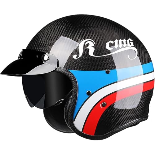 BYFHHHH Casco da Moto retrò, Certificato ECE, Realizzato in Fibra di Carbonio, Caschi Jet 3/4 con Visiera Parasole per Uomo E Donna C,XXL=61~62CM