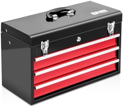 DNA MOTORING 20.4 Inch Steel Portable Tool Box - 2 Drawer+Top Storage Toolbox with Lockable Metal Latches for Household Workshop Repair Shop, Red/Black, TOOLS-00409