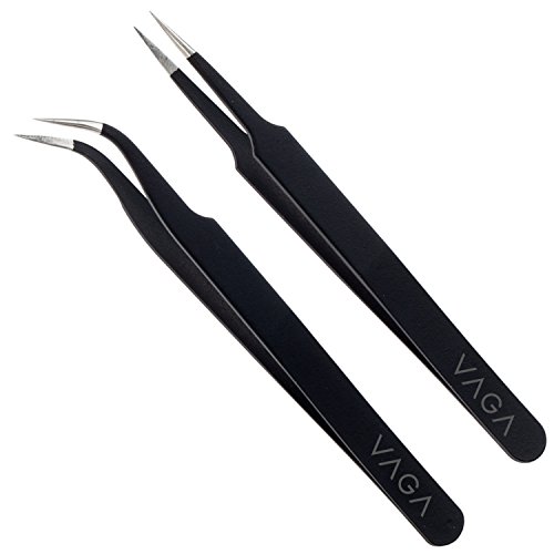 Anti Static Black Stainless Steel Tweezers - Set of 2 - For Eyelash Extensions and Ingrown Hair Removal