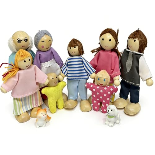 YouthLoxus 10 PCS Wooden Dolls House People (8 Family 2 Dogs) Posable Small World People Flexible Limbs Doll House Figures for Dolls House Accessories Creative Roleplay Décor Gift