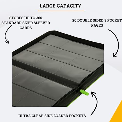 Card Guardian - 9 Pocket Premium Binder With Zipper For 360 Cards Trading Card Games Tcg (Lime Green) - Side Loaded Pockets - Compatible With Yugioh Cards Mtg Binder Sports Card Binder #TOP2
