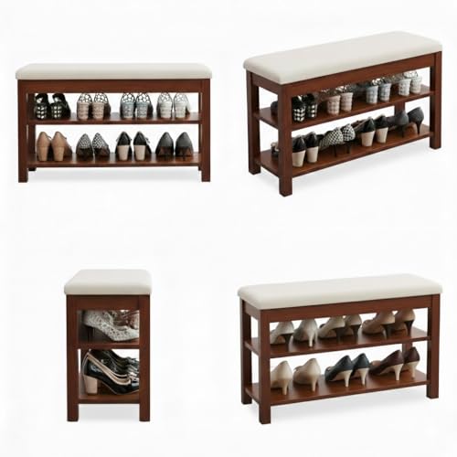 Image of Premium Sheesham Wood Shoe Rack with Upholstered Bench - 2-Tier Solid Wood Entryway Shoe Organizer - Durable Hallway Storage Bench for Living Room & Bedroom (Walnut, 24inch)