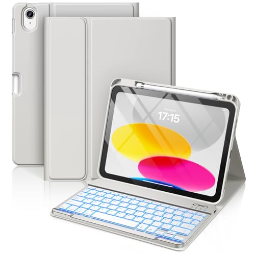 Vobafe Teclado for iPad 10 Generación 2022/11 Generación A16 2025 (10.9/11 Pulgada), QWERTY Español Ñ, Retroiluminado de 7 Colores Bluetooth Magnéticamente Teclado para iPad 10/11 Gen, Gris Claro