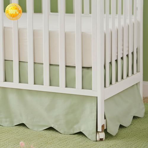 Image of Brandream Scallop Edge Cotton Crib Skirt Toddler Bedskirt Baby Nursery Crib Bed Skirt Gender Neutral Solid Color Light Green Farmhouse Chic Boho Bohemian Skirt