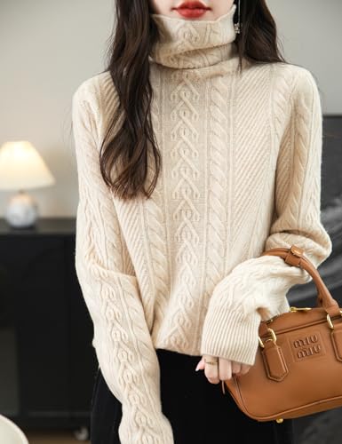 Women's 100% Merino Wool Turtleneck Sweater 2025 Fall Winter Long Sleeve Solid Cable Knitted Pullover Sweater4