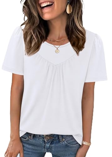 WIHOLL Boho Tops for Women Short Sleeve Valentines Shirts Beach Vacation Clothes Spring Summer Outfits Fashion Clothing Trendy Casual Figure Flattering Pleated Shirts Coral L