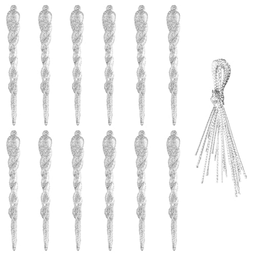 Tabanzhe 12 Pcs Christmas Icicle Decorations 13CM Glitter Droplet Baubles Christmas Tree Hanging Ornaments with Lanyard Xmas Tree Decorations for Home Party Supplies