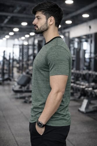 Image of Men's Solid Gym T-Shirt | Slim Fit Gym & Training Tee | Breathable Stretch Fabric | Round Neck Sports Wear for Workout